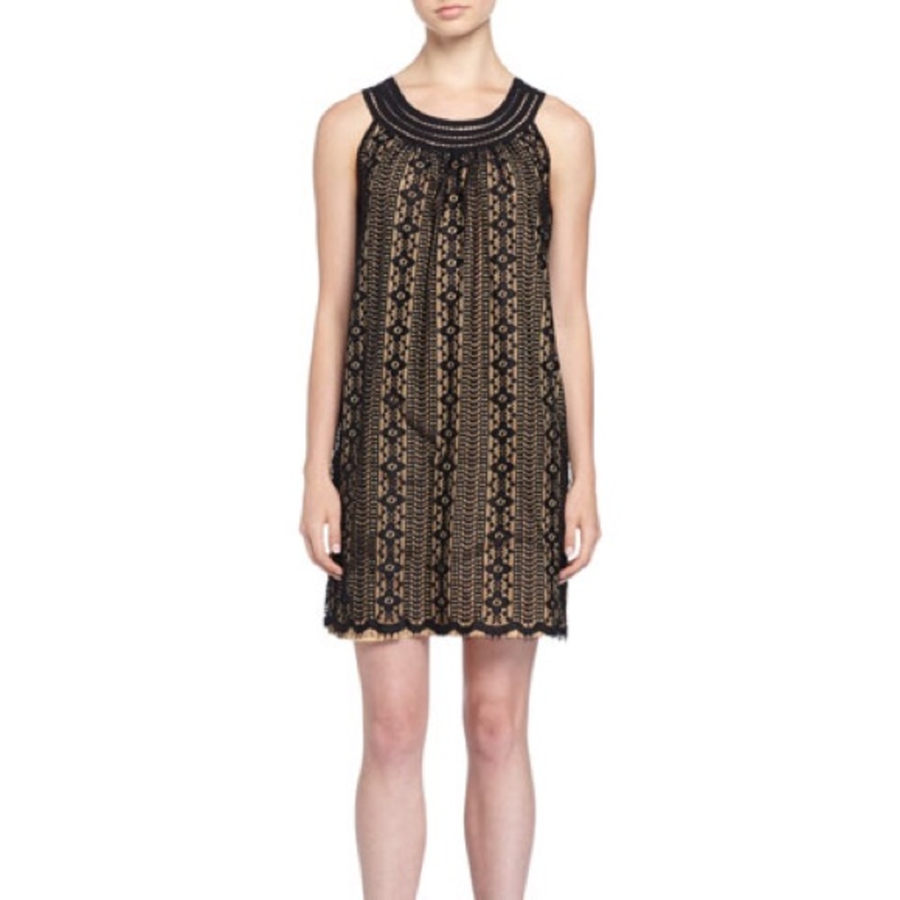 Max Studio sleeveless lace shift dress, black/nude